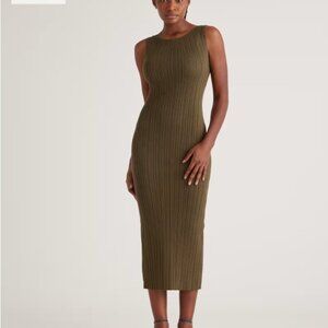 Quince Cotton Cashmere Ribbed Sleeveless Midi Dress, olive, size Large